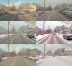 The same Ithaca street seen across six different weather and light conditions